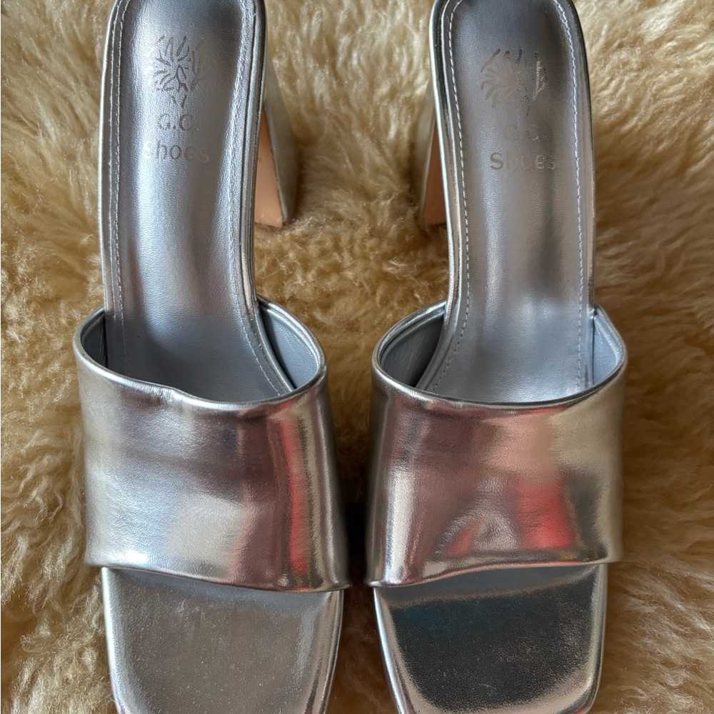 Metallic Silver Slide Mules with Block Heel - Women's Shimmer Slip-Ons
